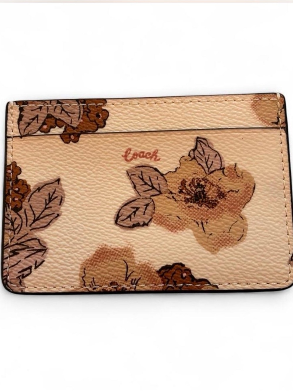 Coach Floral Pebbled Leather Card Case in Beige and Brown